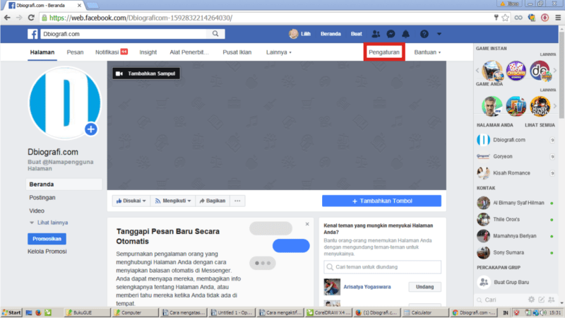 Cara membuat pesan balas otomatis (auto-reply) di Facebook Fanpage 13 Di laman Halaman/Fanpage, klik pengaturan.
