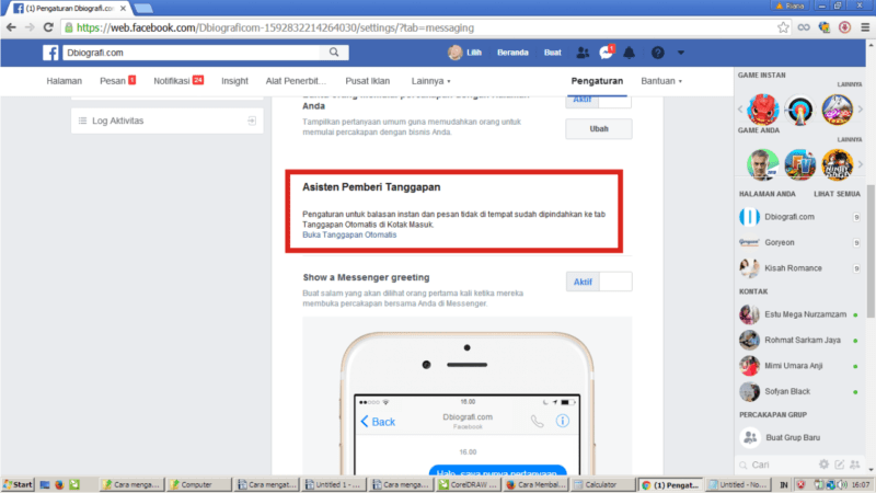 Cara membuat pesan balas otomatis (auto-reply) di Facebook Fanpage 16 Perhatikan bagian Asisten Pemberi Tanggapan.
