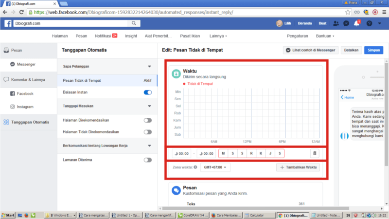 Cara membuat pesan balas otomatis (auto-reply) di Facebook Fanpage 17 Silakan atur waktu kamu tidak aktif, dan bisa kustomisasi kalimat informasinya.