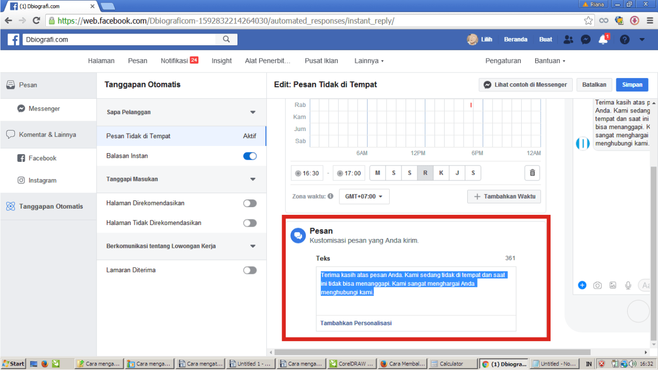 Cara membuat pesan balas otomatis (auto-reply) di Facebook Fanpage 18 Kamu juga bisa mengedit kalimat informasinya.