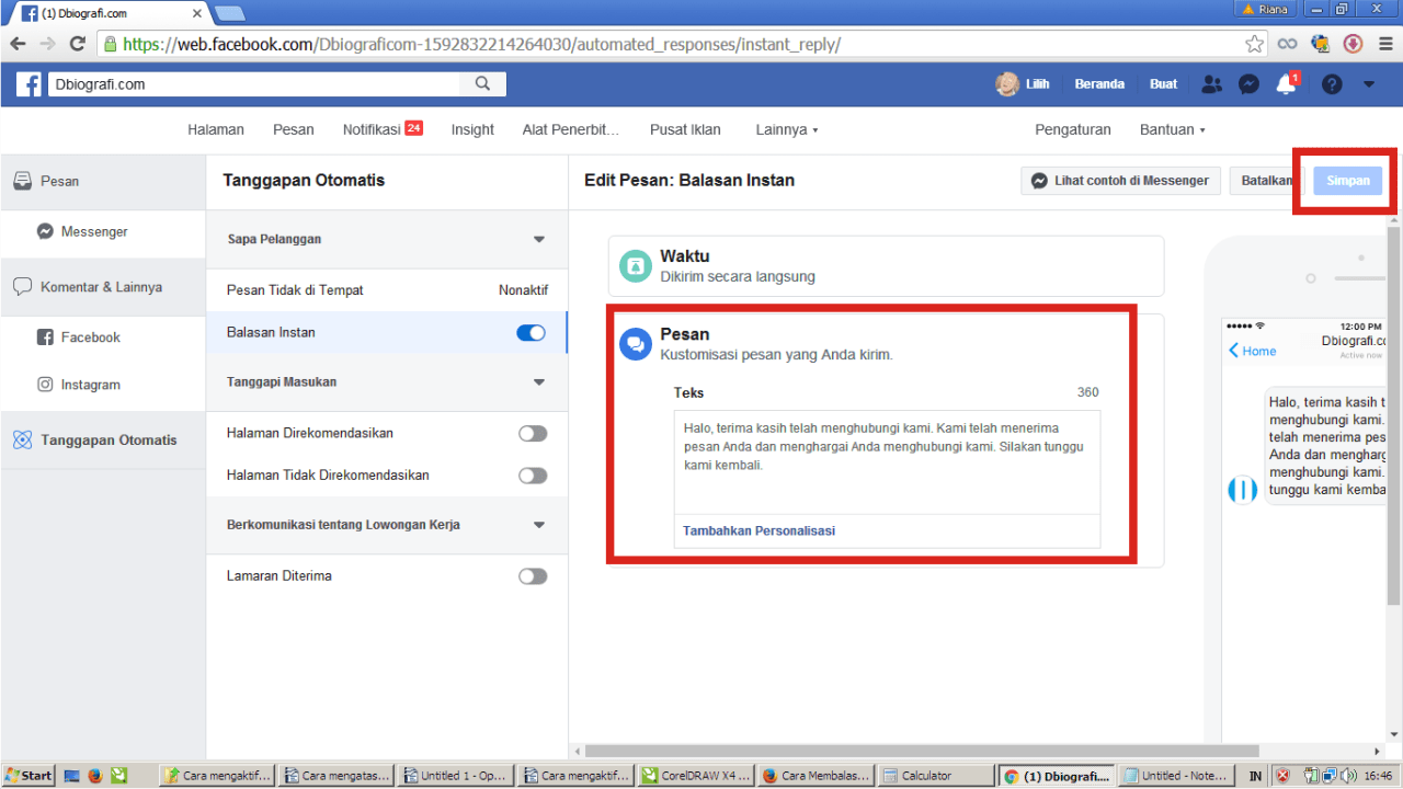 Cara membuat pesan balas otomatis (auto-reply) di Facebook Fanpage 20 Kamu tidak bisa mengkustomisasi waktunya, hanya kalimat informasinya saja.