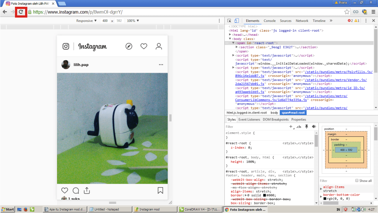 Cara menghapus postingan foto dan video di Instagram 6 Klik foto yang mau dihapus, dan refresh browser untuk mengubah tampilannya dari browser komputer ke Hp.