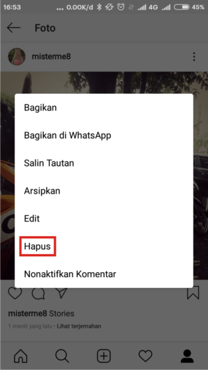 Cara menghapus postingan foto dan video di Instagram 2 Notifikasi yang muncul setelah klik titik tiga di atas postingan.