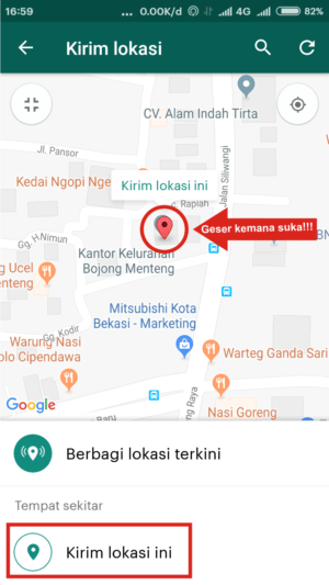 Cara mengirim (share) lokasi palsu di WhatsApp 2 Geser titik GPS berwarna merah kemanapun kamu suka