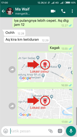 Cara mengirim (share) lokasi palsu di WhatsApp 3 Lihat perbedaan antara lokasi asli dan lokasi palsu