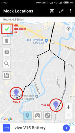 Cara mengirim (share) lokasi palsu di WhatsApp 7 Tentukan titik A ke titik B sesuka kamu, lalu klik checklist.