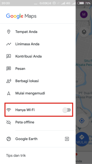 Cara menggunakan Google Maps secara offline 4 Aktifkan Hanya WiFi untuk memutus jaringan internet HP dan Google Maps.