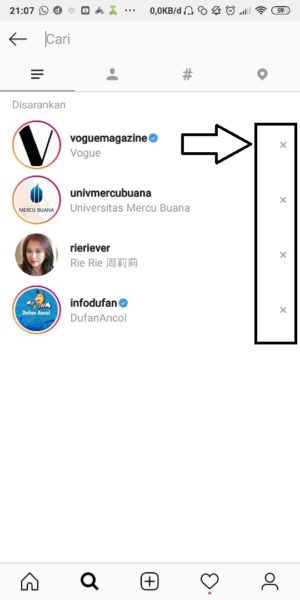 Cara menghapus riwayat pencarian di Instagram 11 tapp "x" untuk menghapus manual