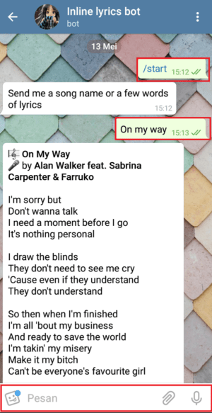 Pengertian, fungsi dan cara menggunakan bot telegram 2 Tampilan saat melakukan percakapan dengan bot pencari lirik lagu