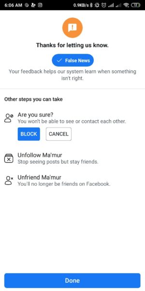 Cara melaporkan HOAX di Facebook 6 Pilih Block untuk konfirmasi