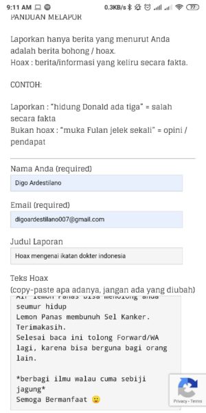 Cara melaporkan HOAX yang menyebar di Whatsapp 6 Isi Identitas