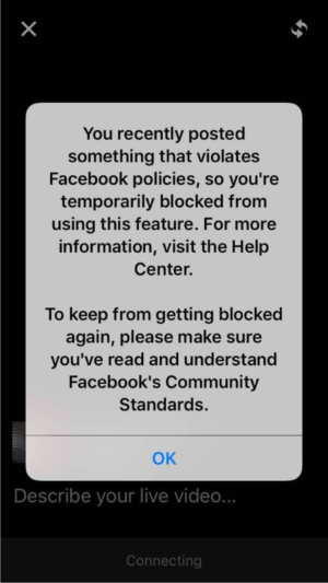 Tidak bisa siaran langsung di facebook? Ini solusinya 5 Gambar 5. Pesan/notifikasi popup yang menunjukkan akun Facebook pengguna kena blokir fitur tertentu saat hendak melakukan siaran langsung.