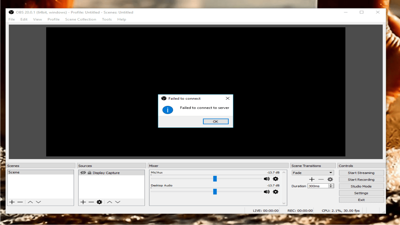 Tidak bisa siaran langsung di facebook? Ini solusinya 6 Gambar 6. OBS Failed to connect to server RTMP-nya.