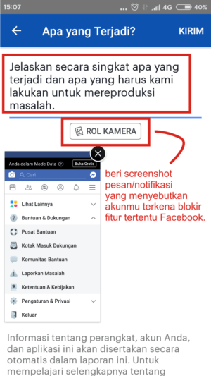 Tidak bisa siaran langsung di facebook? Ini solusinya 10 Gambar 10. tulisan apa permasalahan yang sedang kamu hadapi di akun FB-mu dan masukkan screenshot (jika ada).