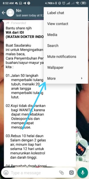 Cara melaporkan HOAX yang menyebar di Whatsapp 2 Pilih More