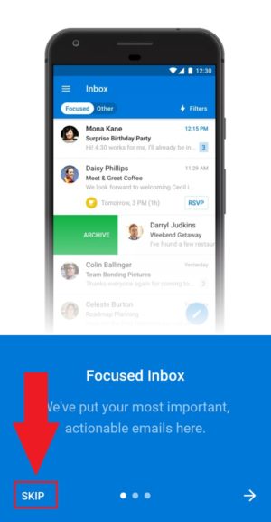 Cara install dan setting email Outlook di hp kamu 5 "Skip" untuk melanjutkan