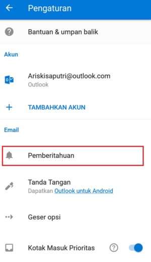 Cara install dan setting email Outlook di hp kamu 9 Pilih "Pemberitahuan" untuk mengatur nada pemberitahuan email masuk