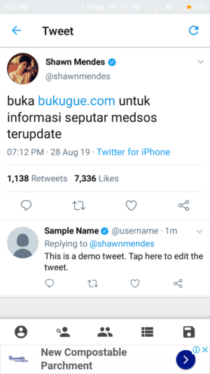 Cara membuat tweet palsu (fake tweet) di twitter 13 berikan tweet balasan dengan menekan icon bubble, jika diperlukan