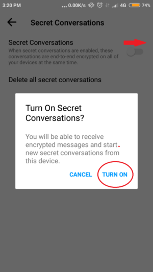 Cara membuat percakapan rahasia di Messenger 3 geser slider ke kanan dan tap turn on