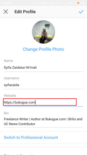 Cara membuat dan memasang link di instagram 3 masukkan link pada kolom website