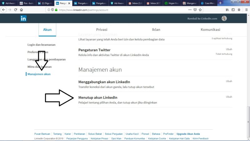 Cara menghapus (menutup) akun LinkedIn secara permanen 11 Pilih Manajemen akun