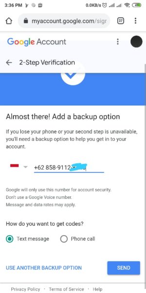 Cara mengaktifkan (dan menonaktifkan) verifikasi 2 langkah gmail 8 Masukkan Nomor elpon