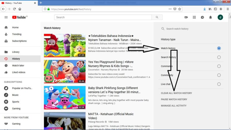 Cara menghapus riwayat penelusuran dan tontonan di Youtube 9 pilih tipe histori yang akan dihapus
