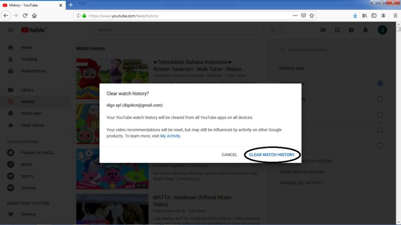 Cara menghapus riwayat penelusuran dan tontonan di Youtube 10 pilih yes
