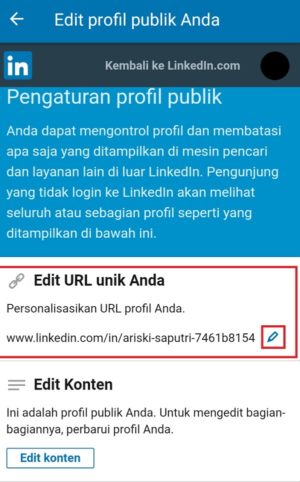 Cara mengganti alamat URL profil LinkedIn kamu 5 Pilih ikon pena untuk mengedit URL
