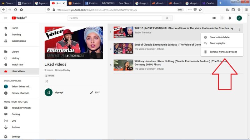 Cara melihat daftar video yang pernah kita Like di Youtube 4 Pilih Remove Video
