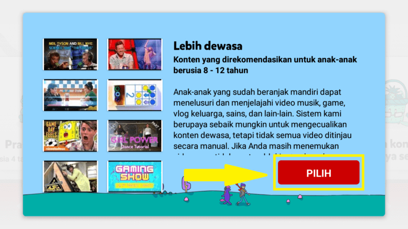 Cara membuat profil baru diaplikasi Youtube Kids 12 klik icon pilih