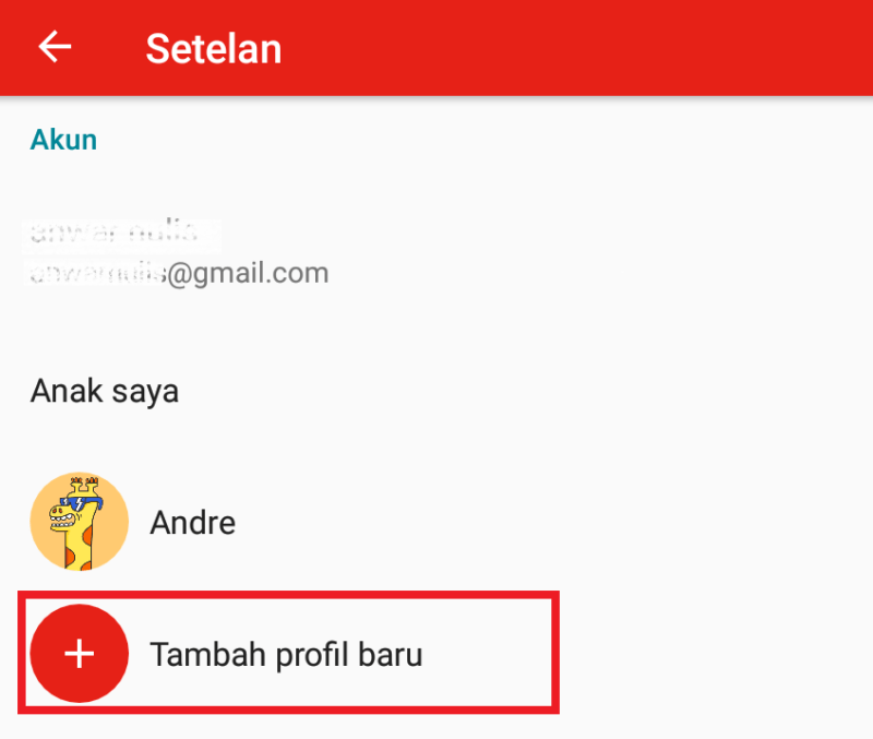 Cara membuat profil baru diaplikasi Youtube Kids 7 klik icon plus untuk tambah profil baru