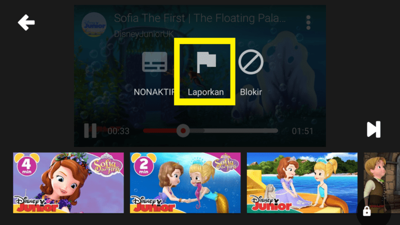 Cara melaporkan video "yang kurang pantas" di Youtube Kids 4 klik laporkan