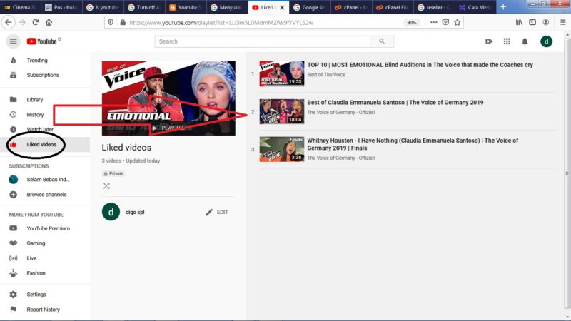 Cara melihat daftar video yang pernah kita Like di Youtube 3 Pilih Like Video