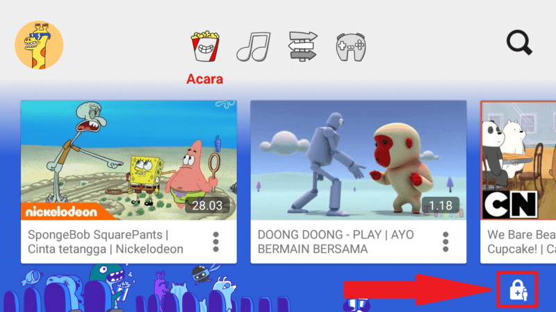 Cara membuat profil baru diaplikasi Youtube Kids 1 masuk ke icon gembok pojok kanan bawah