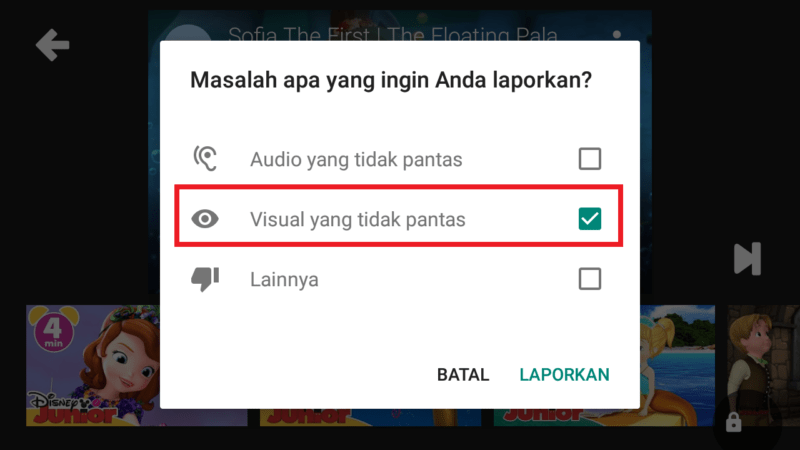 Cara melaporkan video "yang kurang pantas" di Youtube Kids 5 pilih visual yang tidak pantas