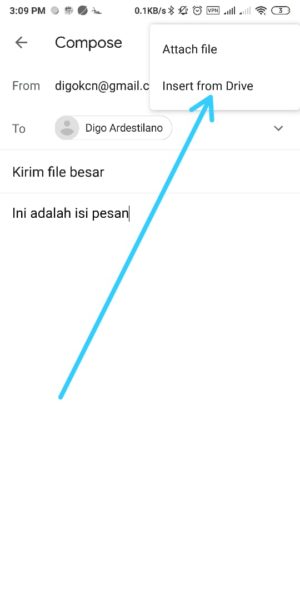 Cara mengirim file besar (diatas 25 MB) lewat Gmail (di HP atau PC) 10 Pilih Insert to drive