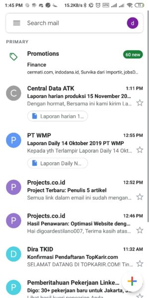 Cara mengirim file (foto, video, dokumen, dll) lewat gmail 1 halaman awal Aplikasi Gmail