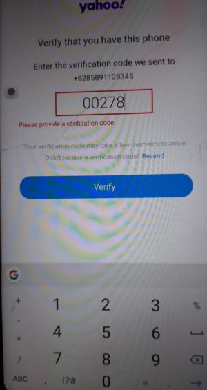 Cara membuat email Yahoo baru 11 Masukkan kode verifikasi nomor Hp disini
