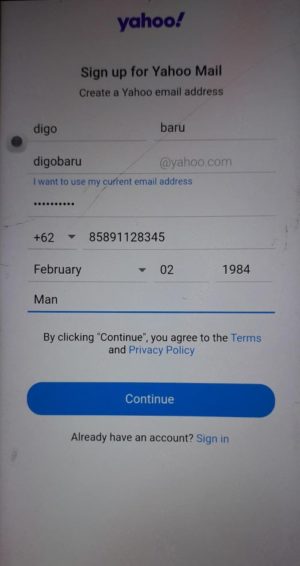 Cara membuat email Yahoo baru 7 Pengisian data saat daftar yahoo di HP