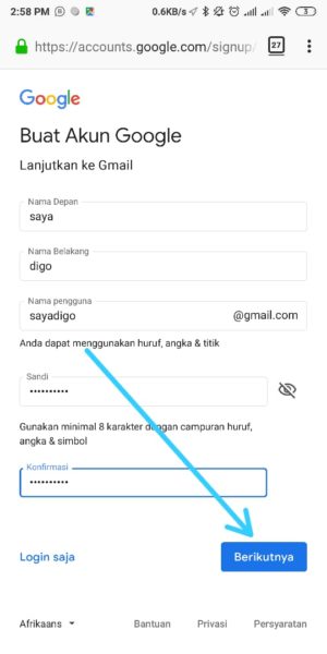 Cara membuat email gmail 1 masukkan data nama, email, password dan lainnya