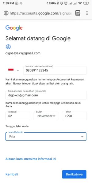 Cara membuat email gmail 2 masukkan data lainnya