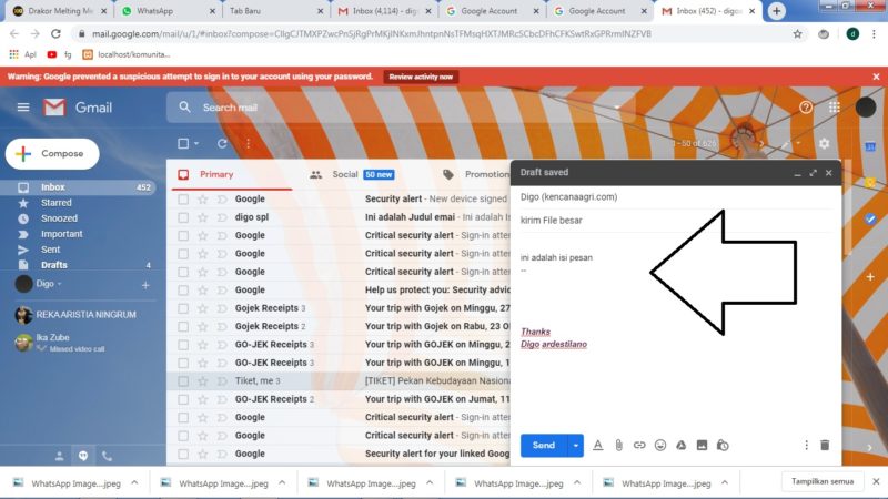 Cara mengirim file besar (diatas 25 MB) lewat Gmail (di HP atau PC) 22 Masukkan alamat email, subject, dan isi pesan