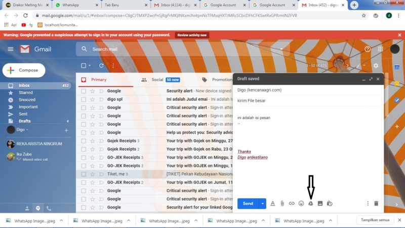 Cara mengirim file besar (diatas 25 MB) lewat Gmail (di HP atau PC) 23 klik icon gdrive
