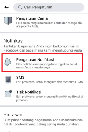 Cara menghilangkan pemberitahuan siaran langsung facebook 7 scroll kebawah sampai ketemu menu Notifikasi