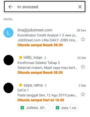 Fitur "tunda" atau "snooze" di Gmail untuk "menunda" email masuk 9 Tampilan daftar email yang masuk dalam mode tunda