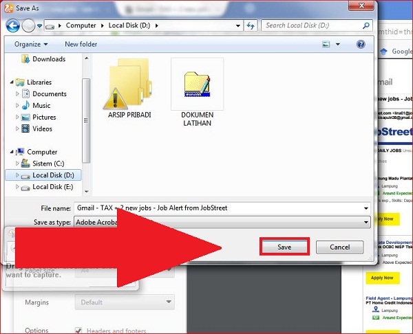 Cara menyimpan pesan email menjadi file pdf 14 Menentukan nama dan tempat dimana file akan disimpan