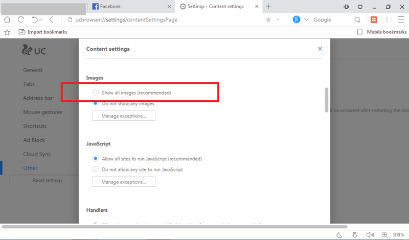 Kenapa foto facebook tidak muncul? Apa solusinya? Baca sini 2 tap "show all images" untuk menampilkan gambar pada semua situs atau "manage exceptions" untuk menampilkan gambar pada situs tertentu saja