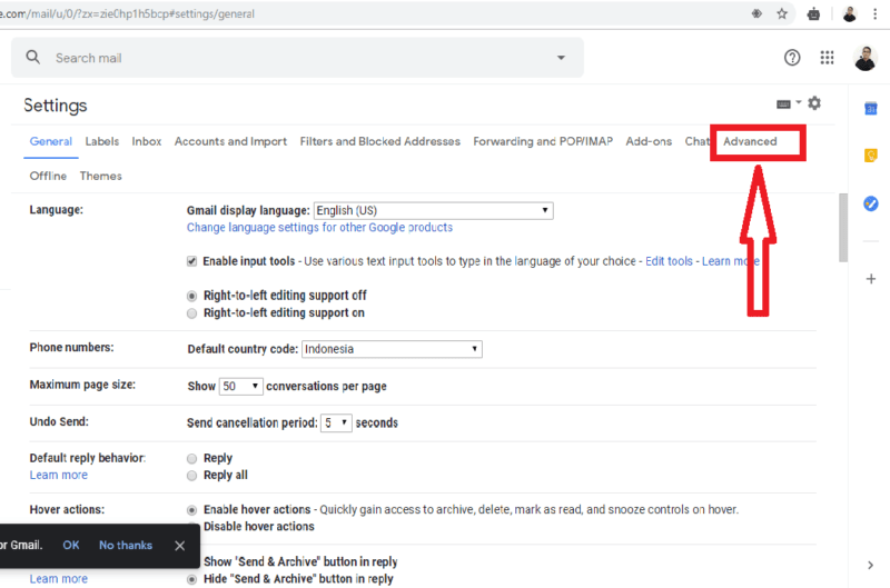 Cara Mengaktifkan Fitur Panel Pratinjau di Gmail 7 klik menu advanced