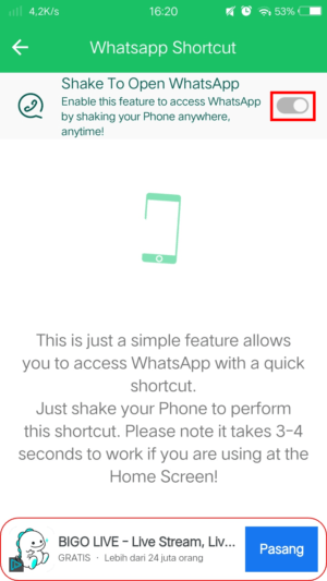Cara membuka WhatsApp dengan menggoyangkan HP 2 Pic 2 - aktifkan fitur “shake to open Whatsapp”.
